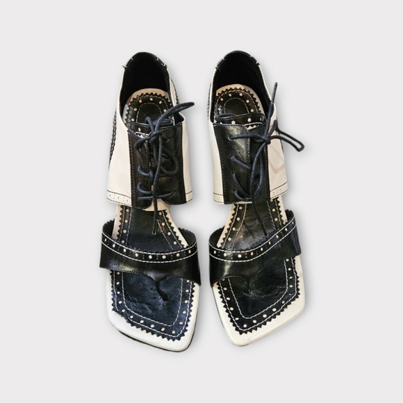 Sue Wong Black and White Leather Square Toe Platform Heeled Lace Up Shoes - Picture 8 of 8